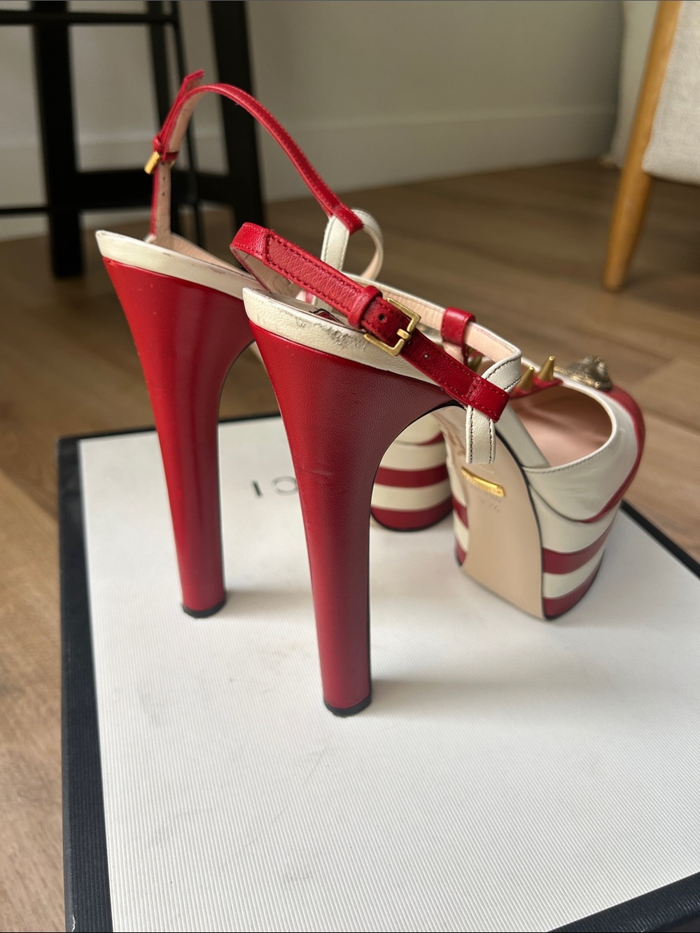 Gucci Red and White Stripe Platform Heels with Stud and Emblem Detail - Picture 5 of 13